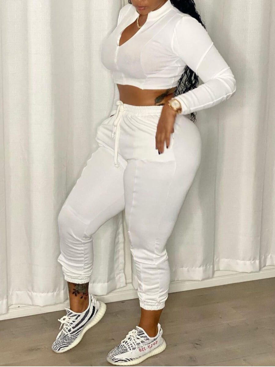 

Lovely Casual Mandarin Collar Elastic White Two Piece Pants Set