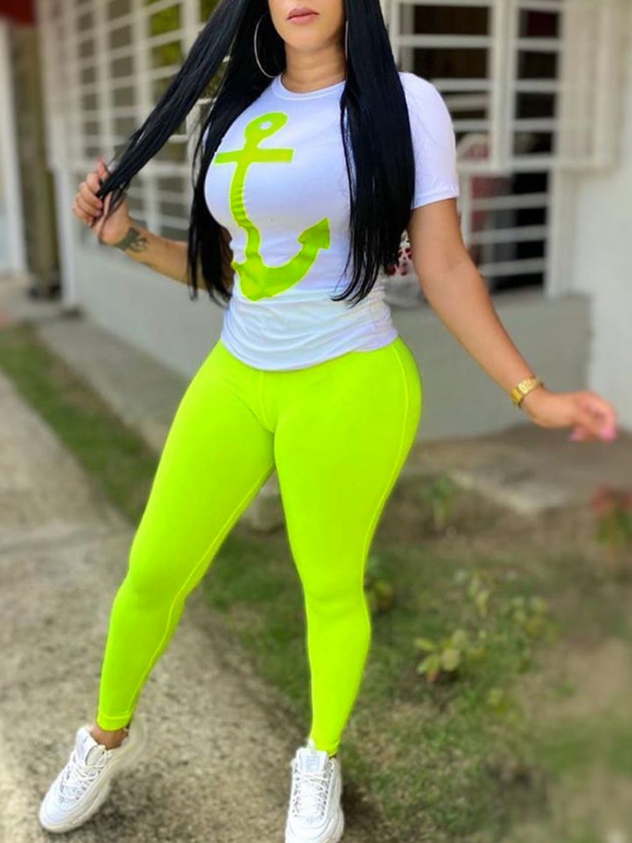 

Lovely Leisure O Neck Print Green Two-piece Pants Set