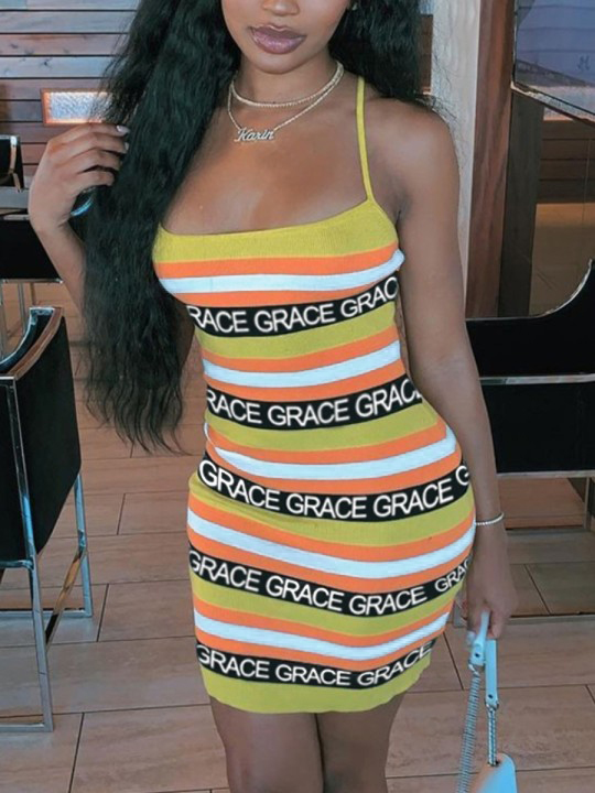 

LW Casual Letter Print Striped Yellow Mini Dress