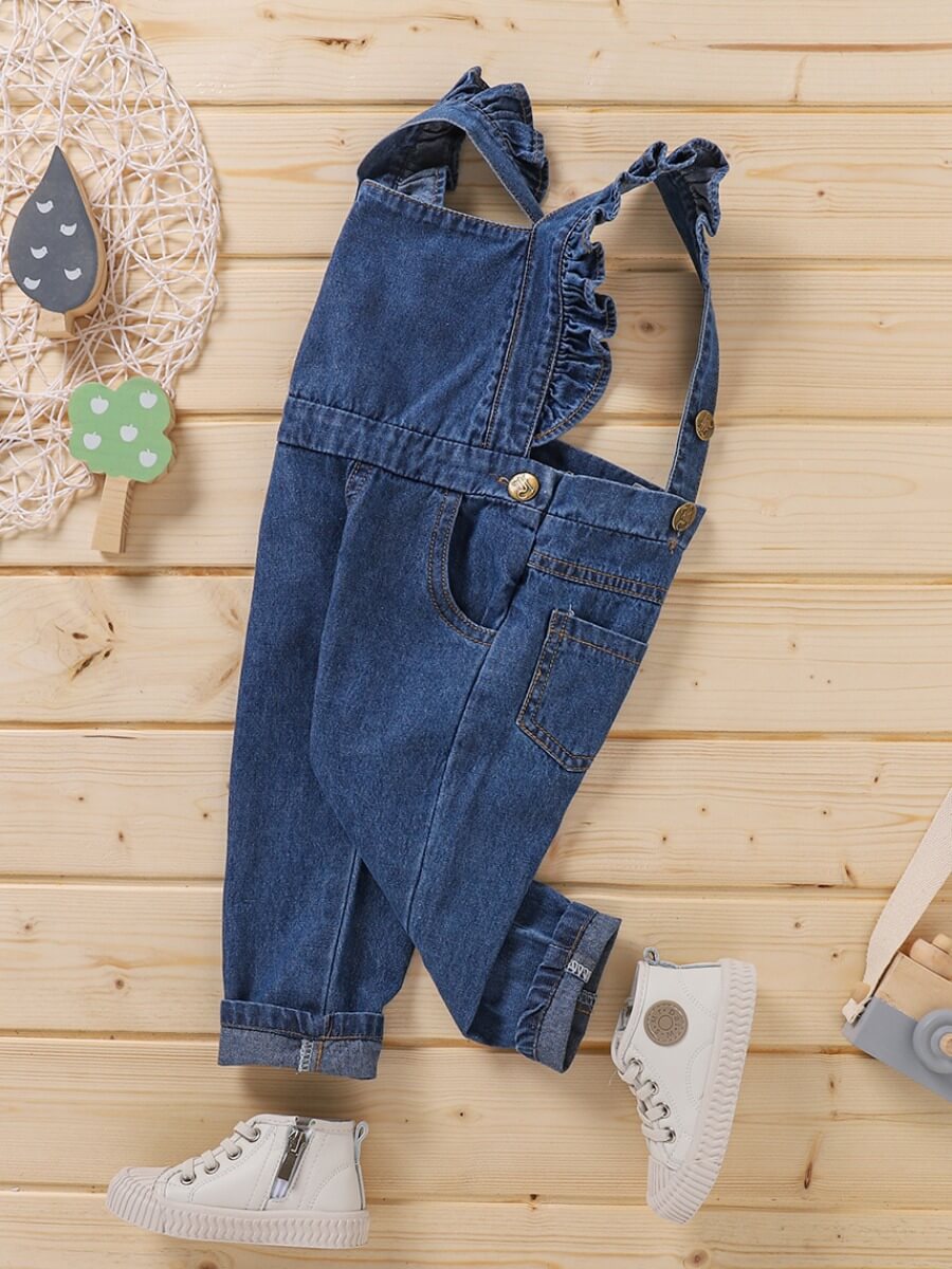 

Lovely Casual Flounce Button Design Deep Blue Girl Jeans
