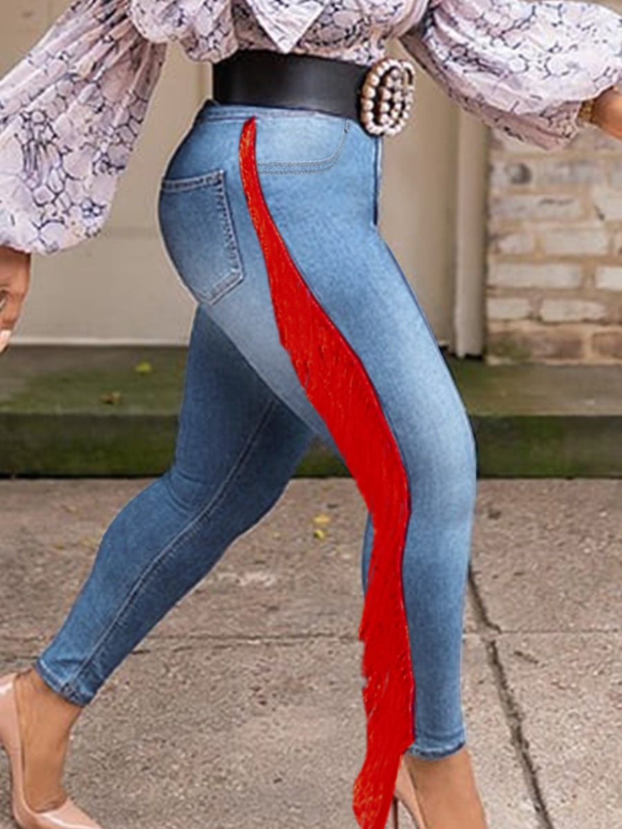 

Lovely Chic Tassel Design Patchwork Deep Blue Jeans