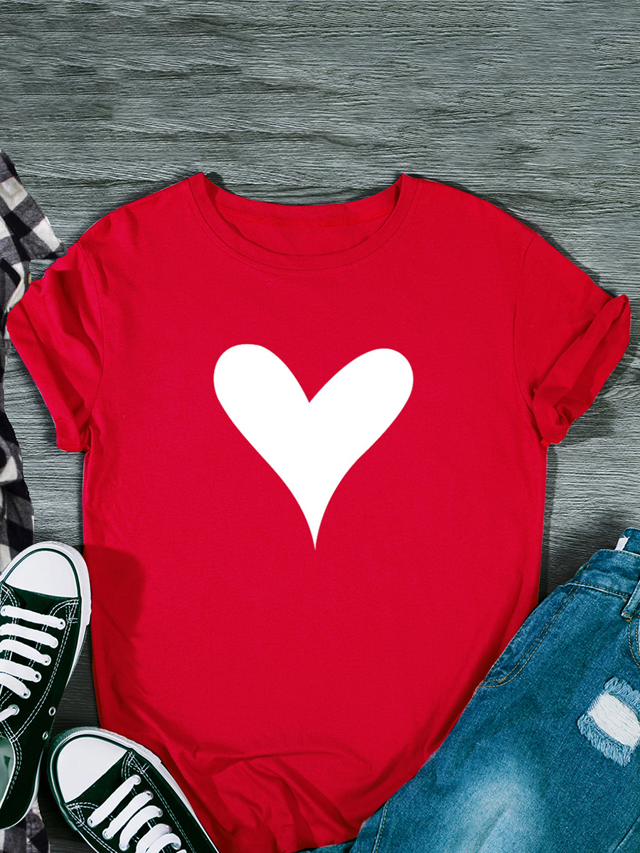 

Lovely Plus Size Casual O Neck Heart-shaped Print Red T-shirt