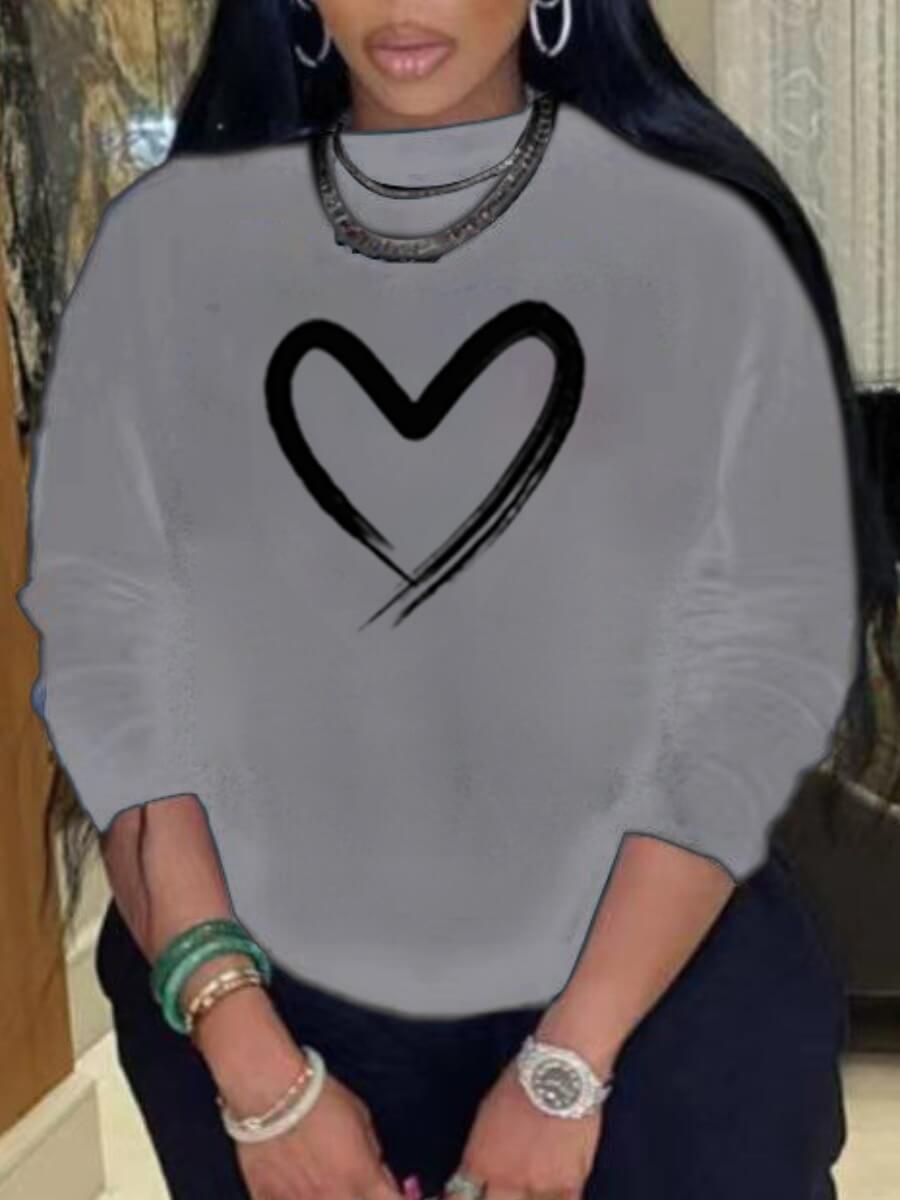 

Lovely Casual O Neck Heart-shaped Print Grey Hoodie