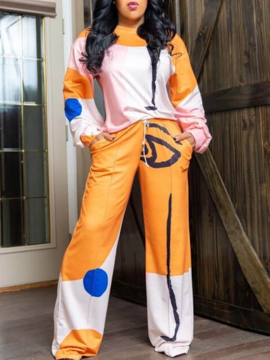 

Lovely Casual O Neck Print Patchwork Yellow Plus Size Two-piece Pants Set