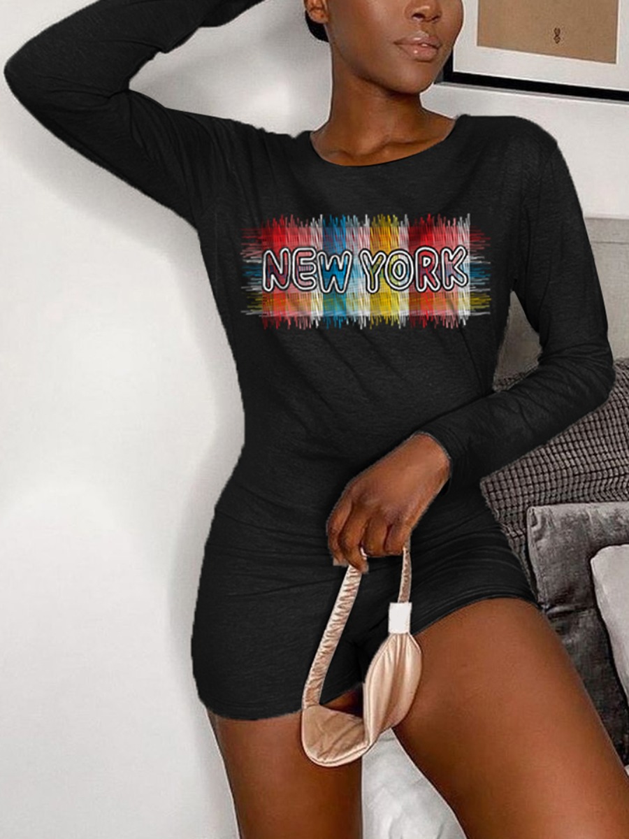 

Lovely Chic Letter Print Patchwork Black Mini Dress