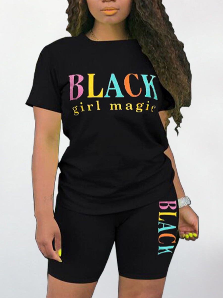 

Lovely Casual O Neck Letter Print Black Two Piece Shorts Set