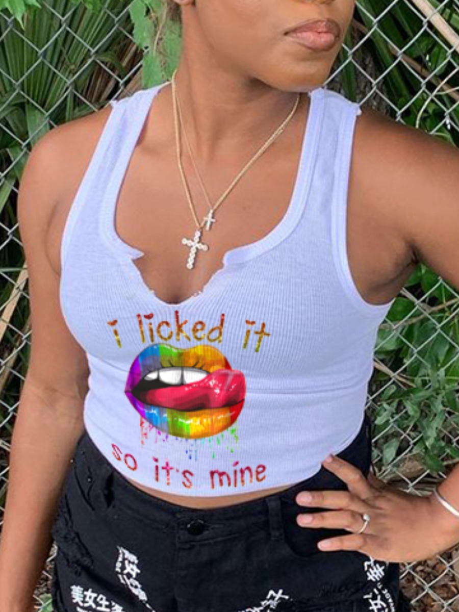 

Lovely Chic Lip Letter Print White Camisole