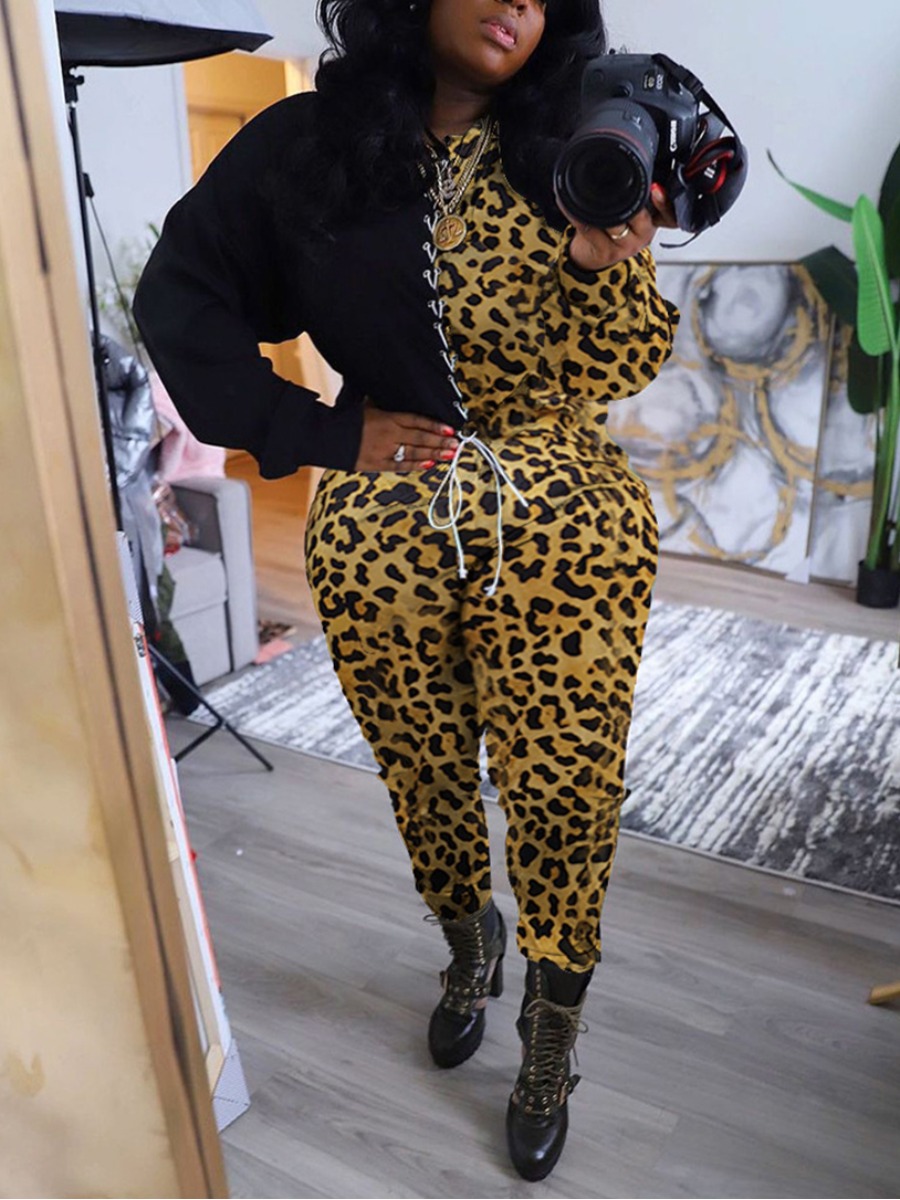 

Lovely Street Leopard Print Drawstring Plus Size Two-piece Pants Set