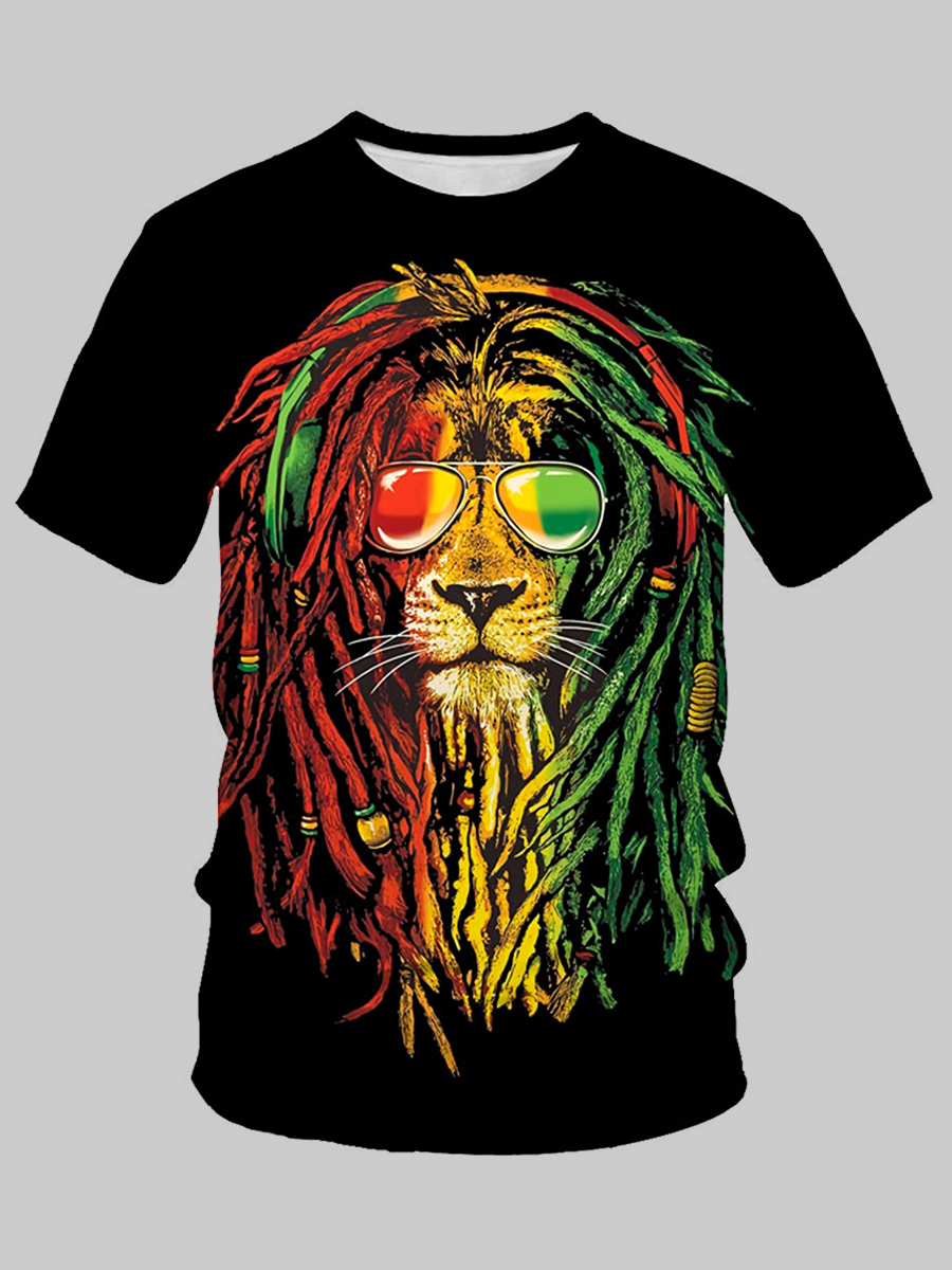 LW Men Casual O Neck Lion Print Black T-shirt