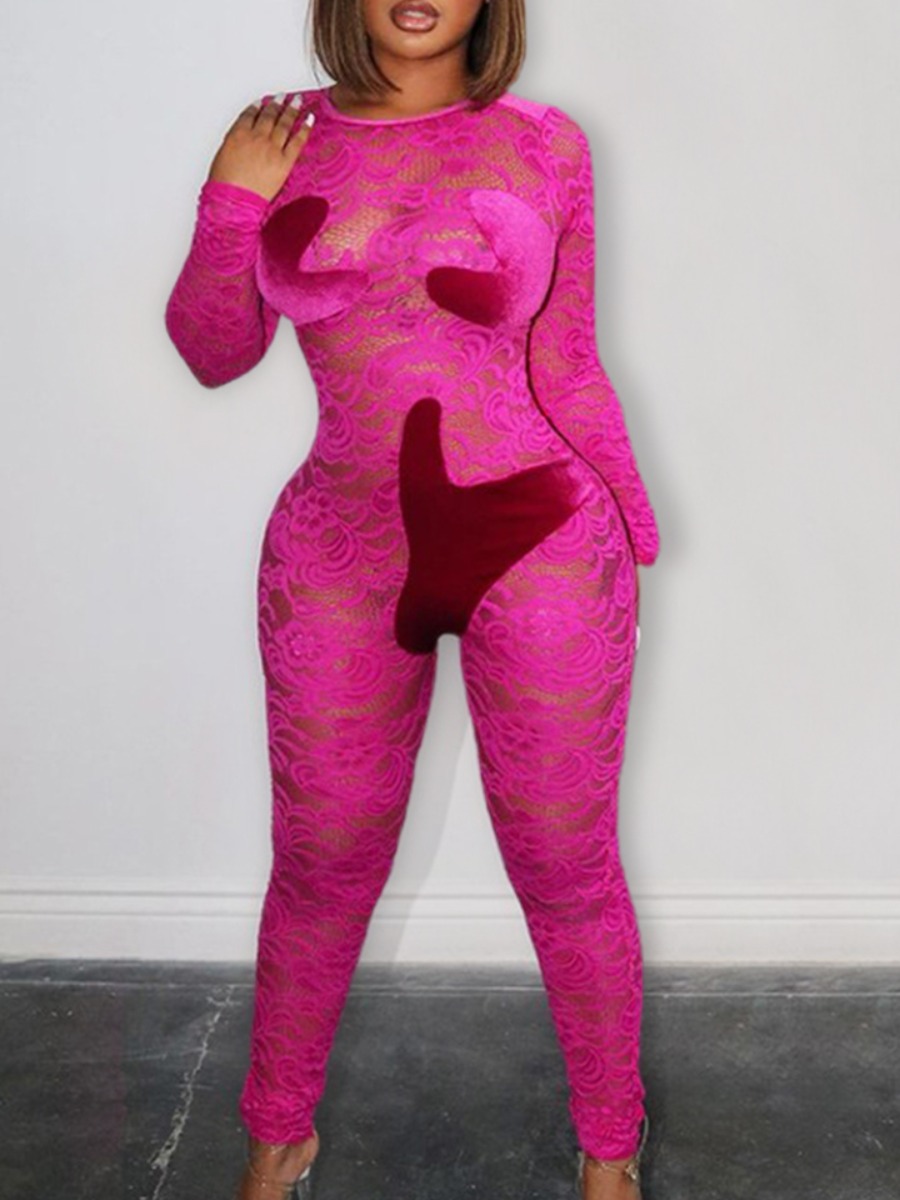 

Lovely Party Mesh Patchwork Rose Red One-piece Jumpsuit