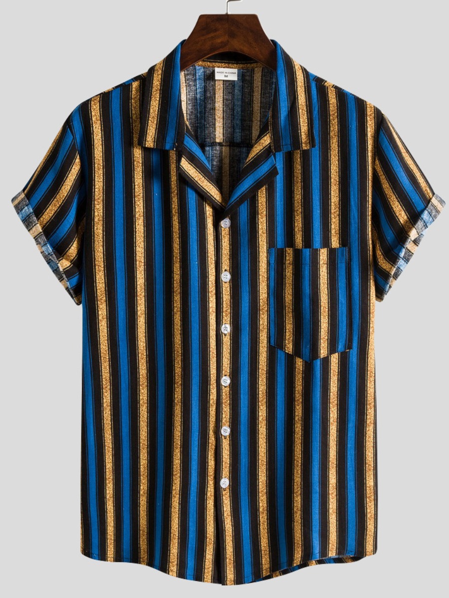 

Lovely Men Casual Turndown Collar Striped Blue Shirt