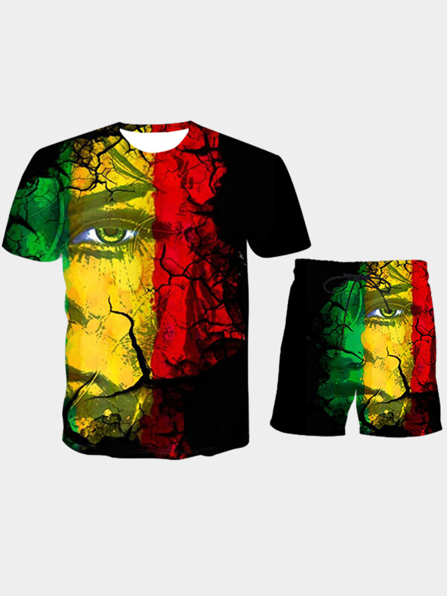 

Lovely Men Street Graffiti Print Black Two Piece Shorts Set