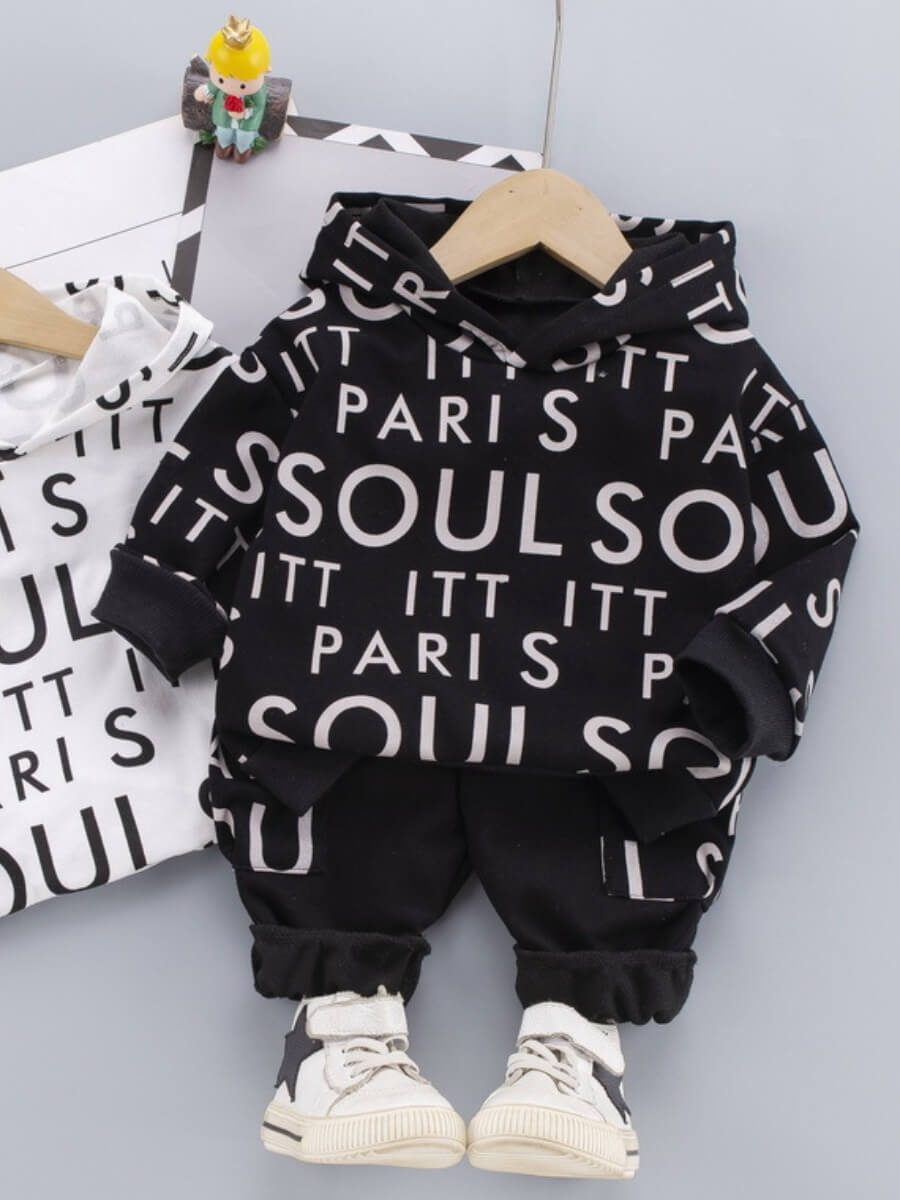 

Lovely Boy Casual O Neck Letter Print Black Two Piece Pants Set
