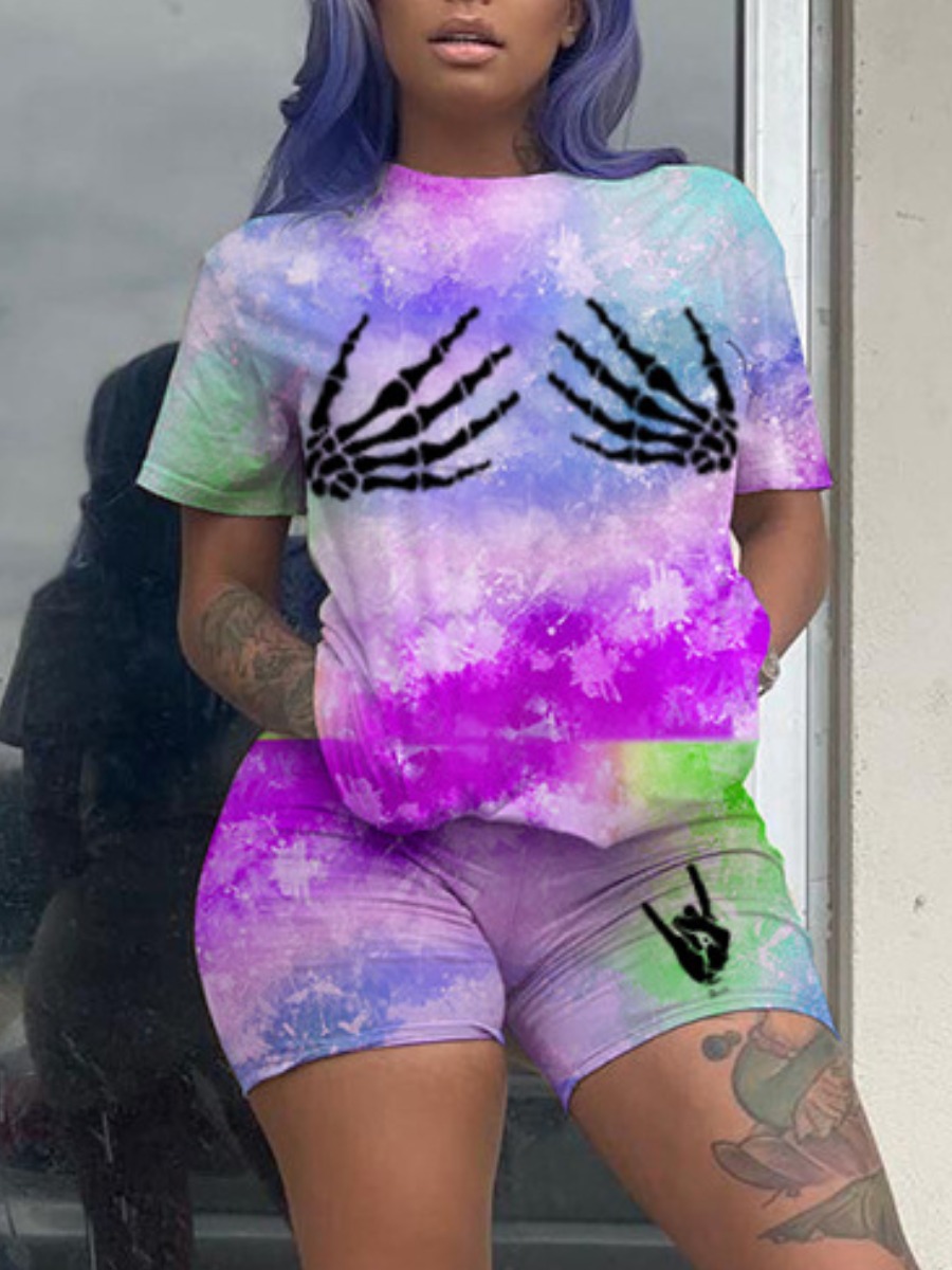 

Lovely Street Tie Dye Print Purple Two Piece Shorts Set