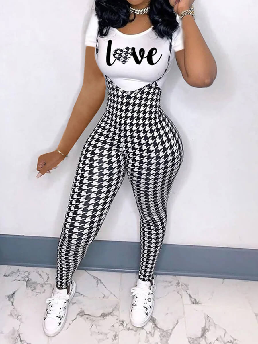

Lovely Casual O Neck Letter Plaid Print Black Plus Size Two-piece Pants Set