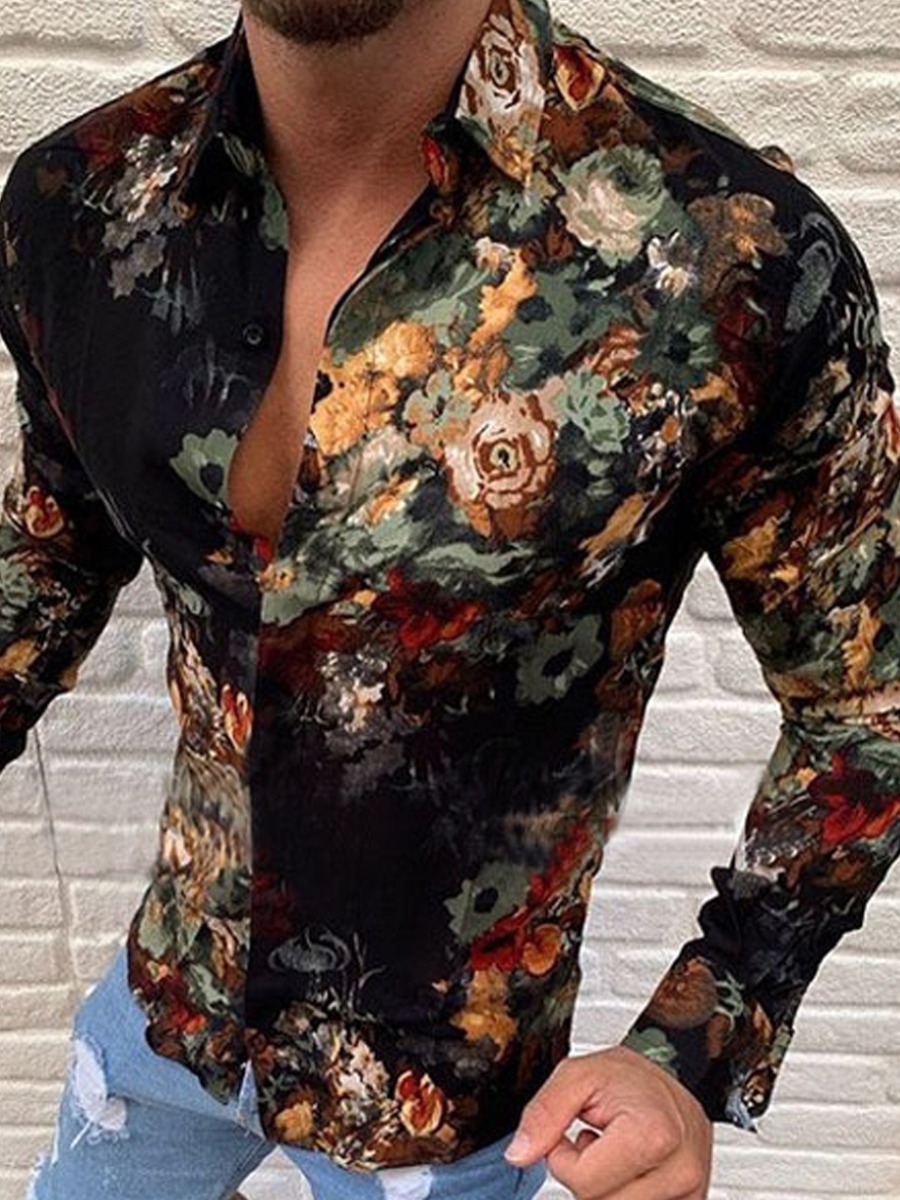 

Lovely Casual Turndown Collar Floral Print Black Men Shirt