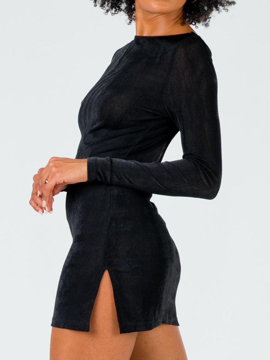 

Lovely Casual Backless Bandage Design Split Black Mini Dress