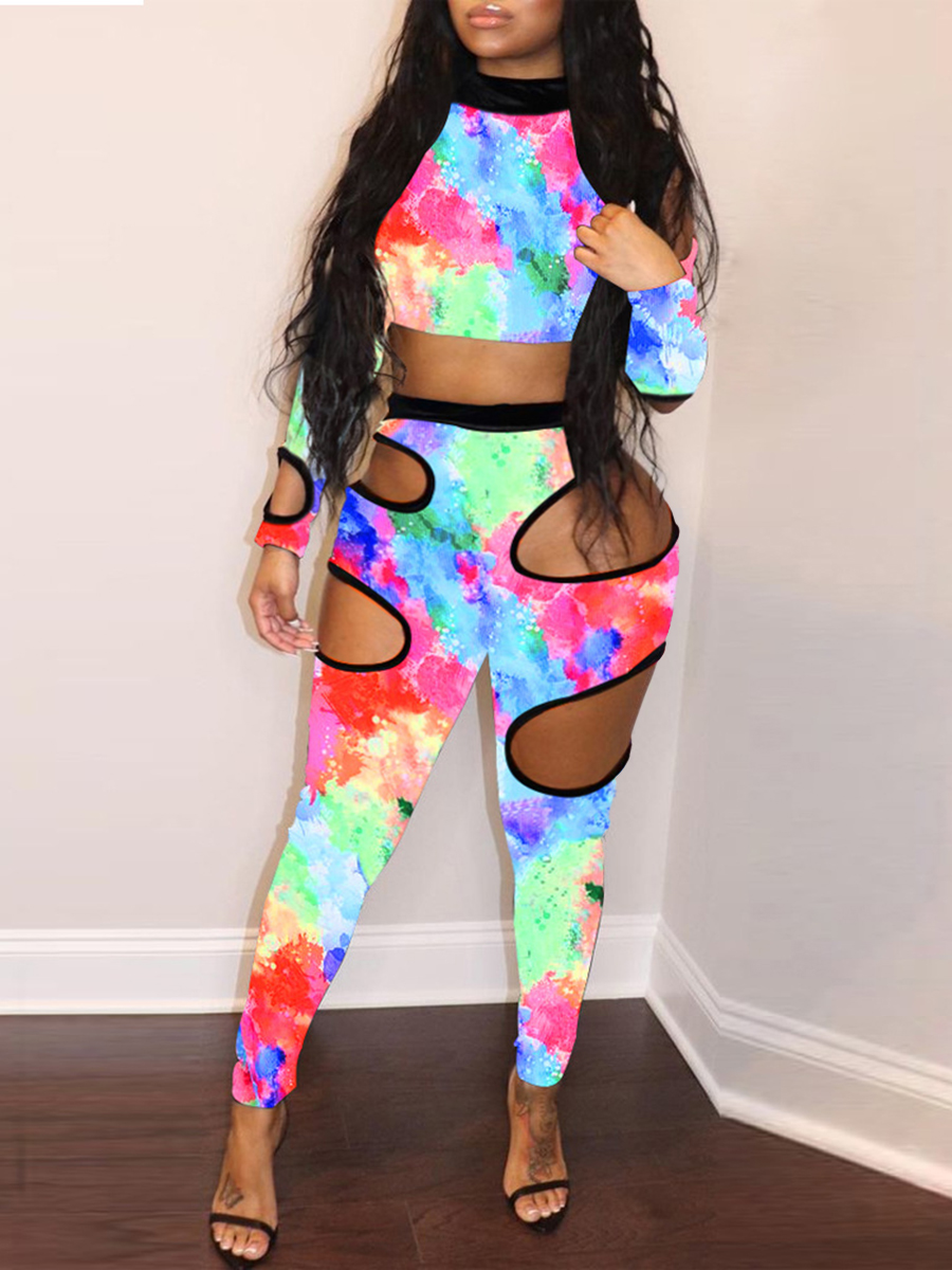

Lovely Street Tie-dye Hollow-out Multicolor Plus Size Two-piece Pants Set, Multi
