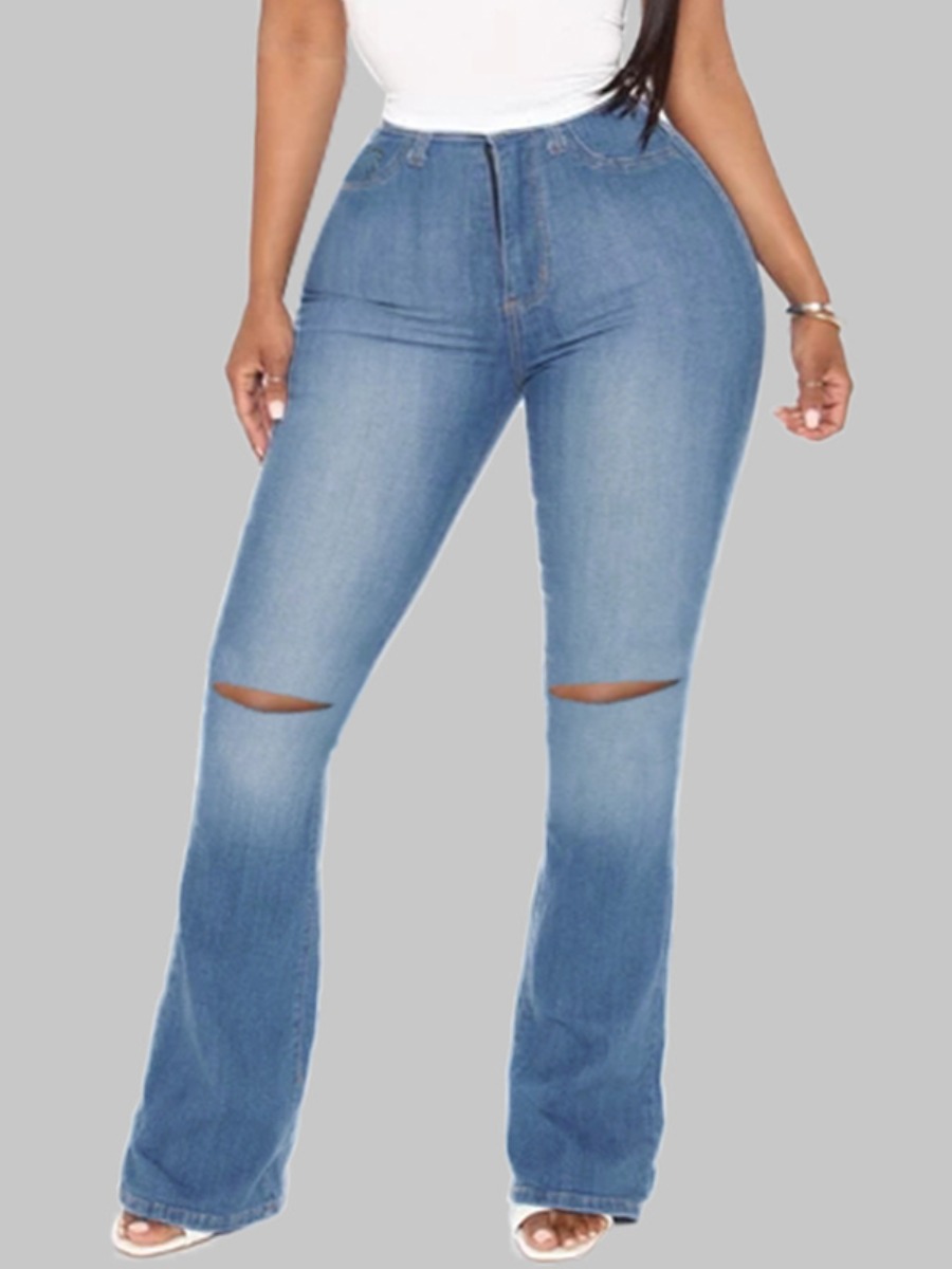 

Lovely Casual Broken Holes Gradient Blue Plus Size Jeans