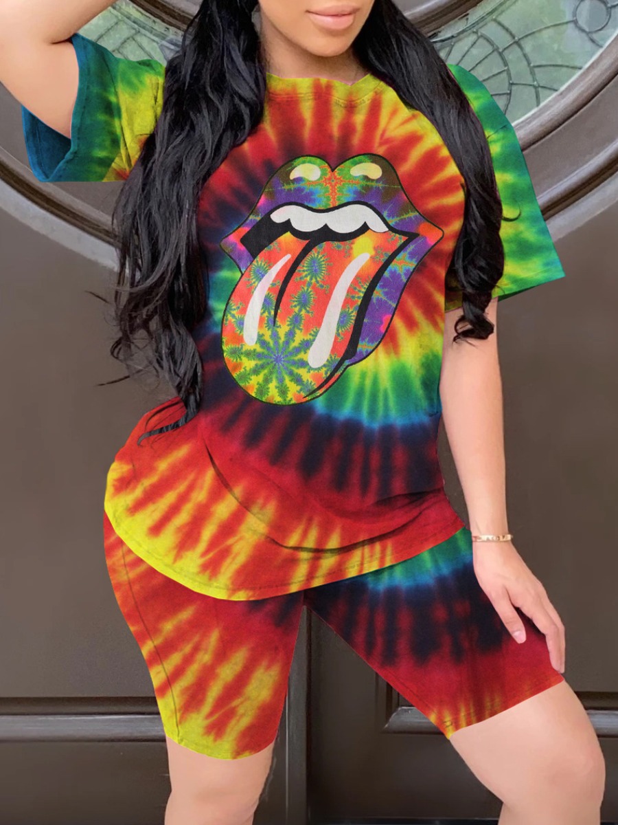 

Lovely Street Lip Print Tie Dye Green Two Piece Shorts Set