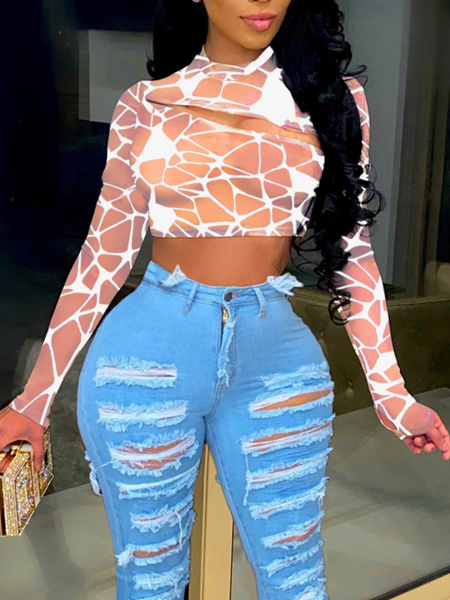 

LW SXY Geometric See-through White T-shirt