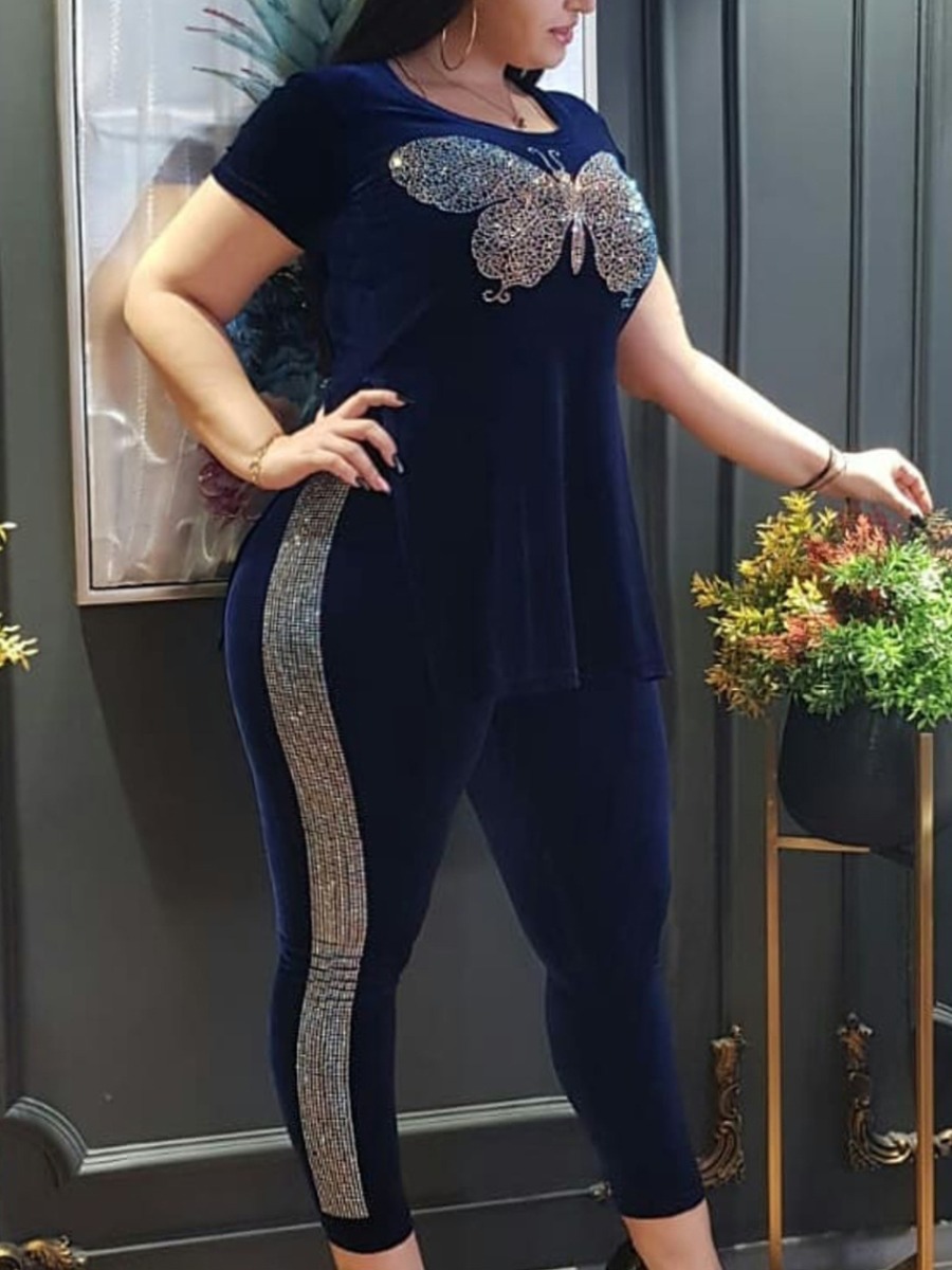 

Lovely Casual Butterfly Sequined Blue Plus Size Two-piece Pants Set