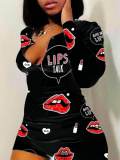 LW Stylish Lip Print Black Two Piece Shorts Set