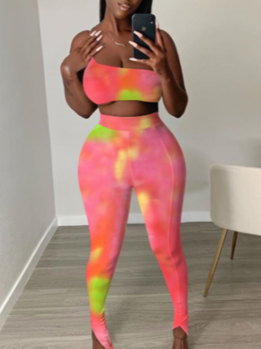 

Lovely Casual One Shoulder Tie Dye Pink Two Piece Pants Set