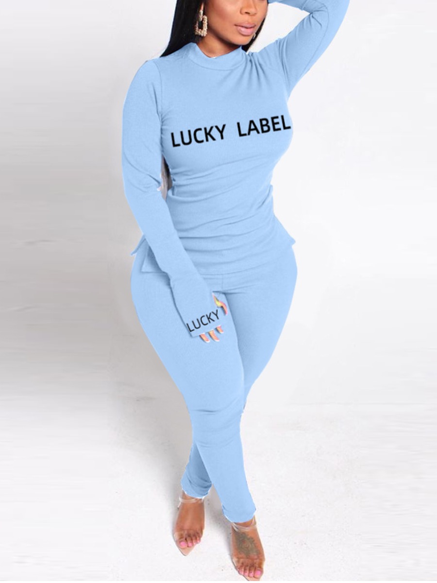 

Lovely Plus Size Trendy Letter Print Side Slit Blue Two-piece Pants Set