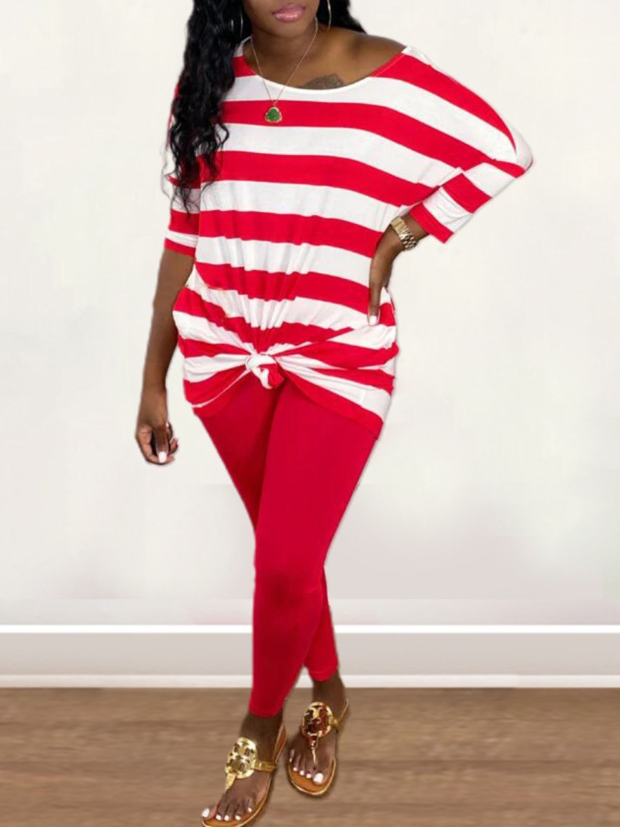 

Lovely Casual O Neck Striped Red Two Piece Pants Set