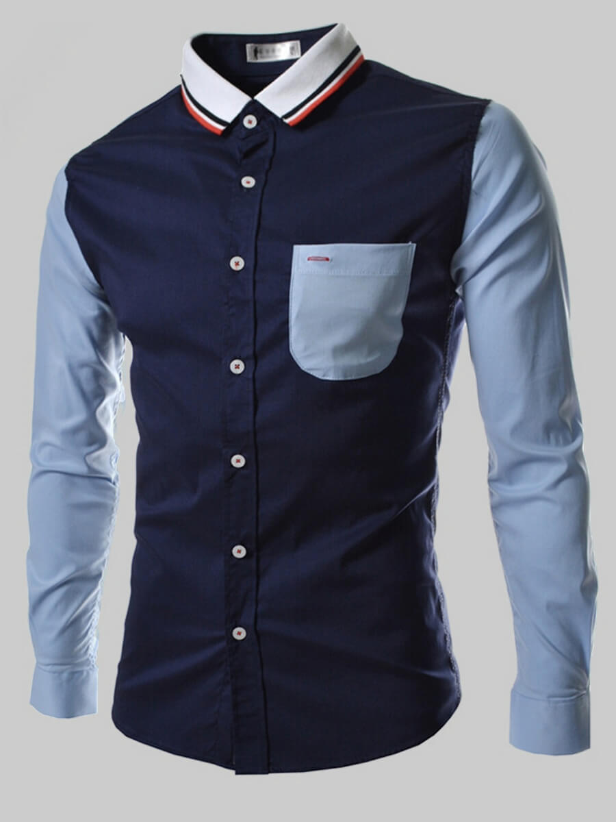 

Lovely Casual Patchwork Pocket Design Navy Blue Men Shirt