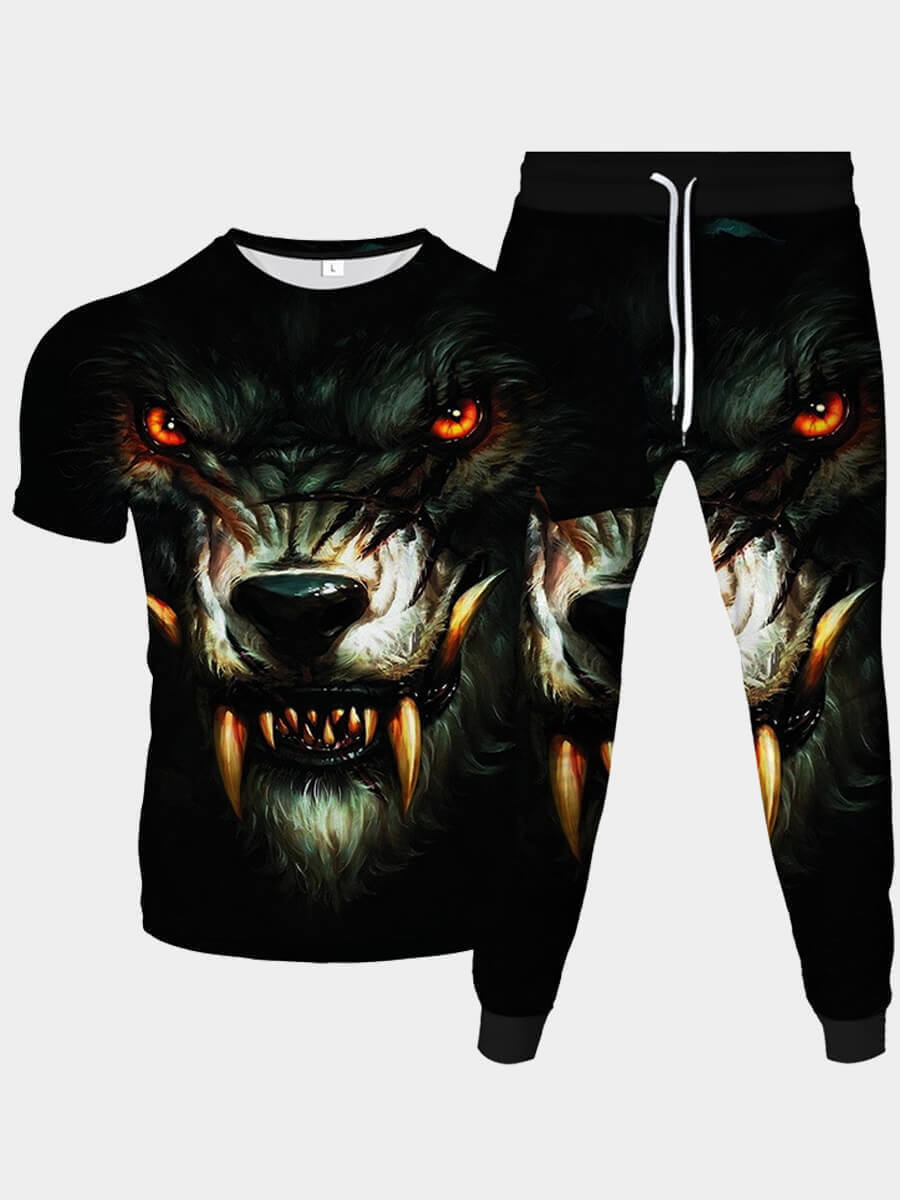 

Lovely Men Street O Neck Animal Print Black Two Piece Pants Set