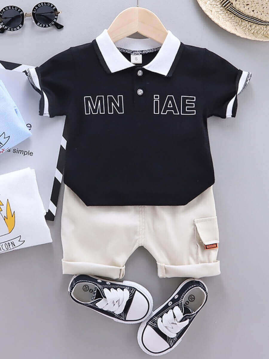 

Lovely Boy Casual Letter Cartoon Print Black Two Piece Shorts Set