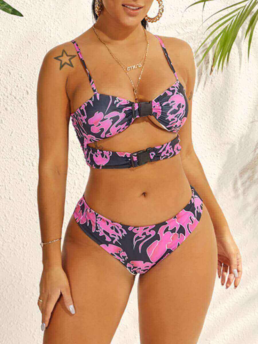 

Lovely Casual Hollow-out Graffiti Print Rose Red Two-piece Swimsuit