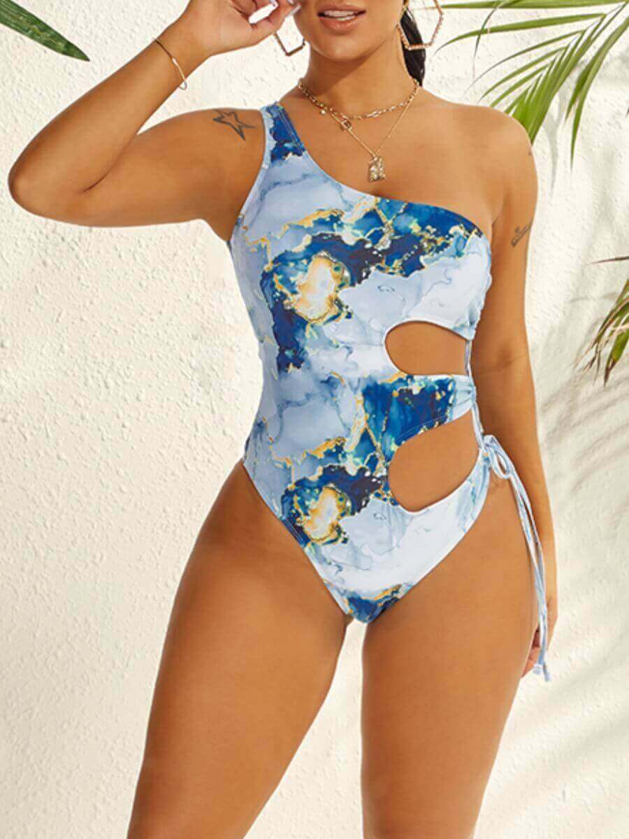 

Lovely Casual Bandage Hollow-out Design Tie-dye Blue One-piece Swimsuit