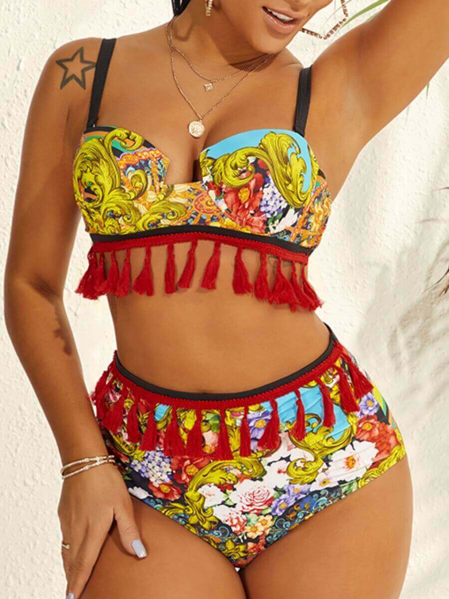 

Lovely Vintage Print Tassel Design Multicolor Two-piece Swimsuit, Multi