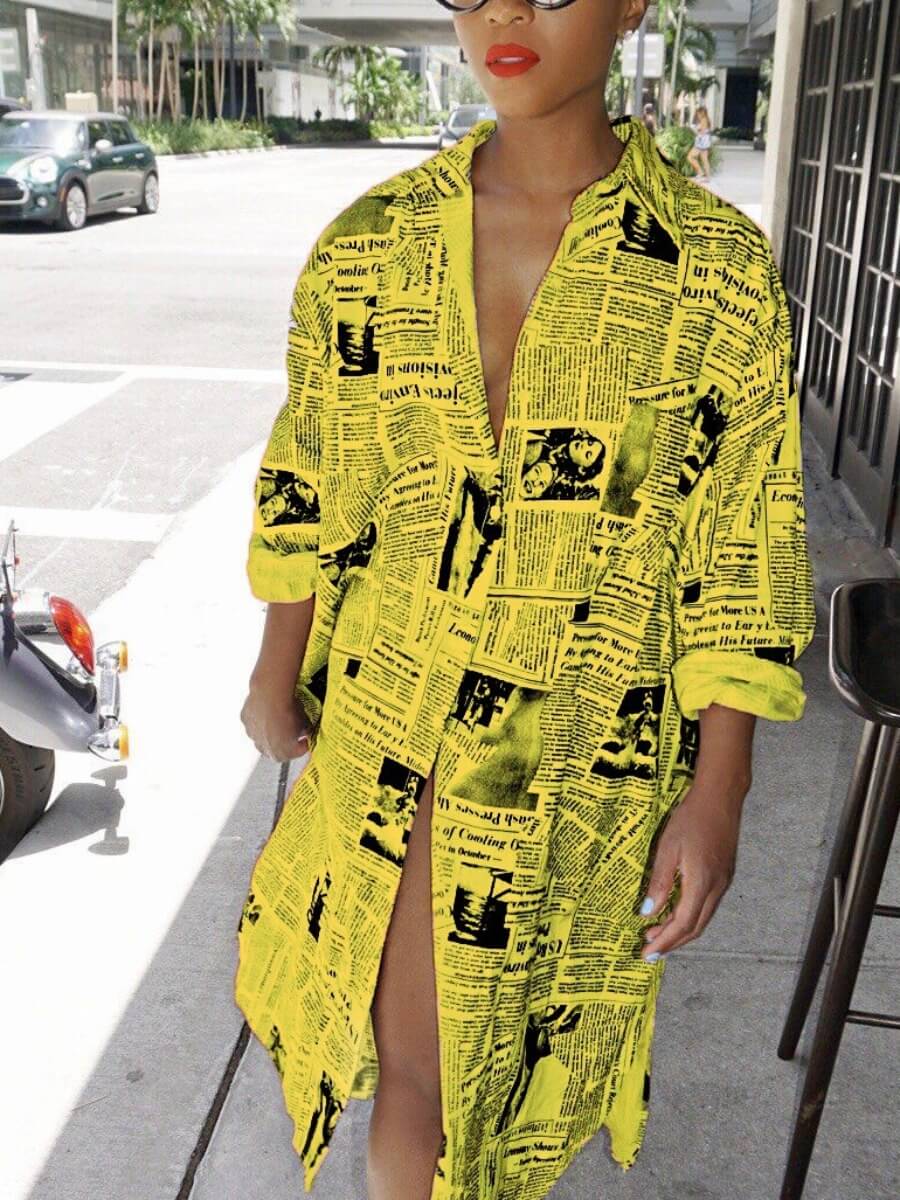 

Lovely Street Turndown Collar Newspaper Print Yellow Mid Calf Dress