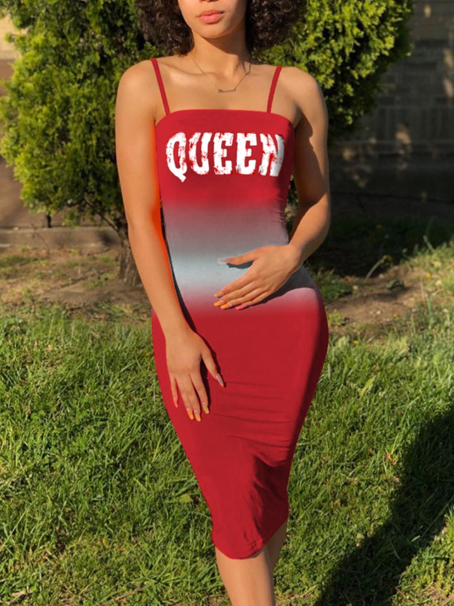 

LW Trendy Gradient Letter Print Red Knee Length Dress