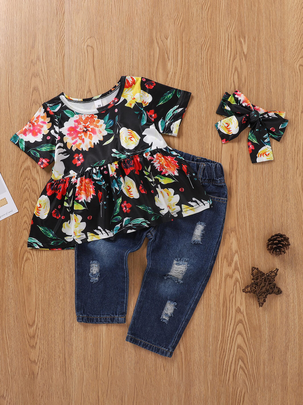 

Lovely Casual Floral Print Broken Holes Black Girl Two Piece Pants Set