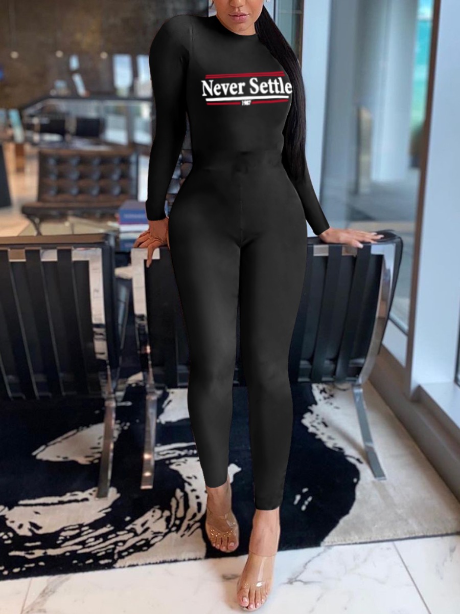 

Lovely Sportswear O Neck Letter Print Black One-piece Jumpsuit