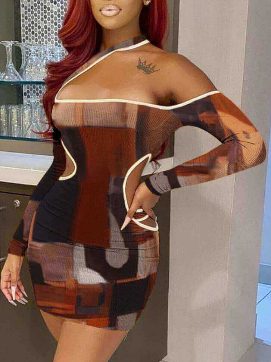 

Lovely Chic Off The Shoulder Hollow-out Graffiti Print Coffee Mini Dress