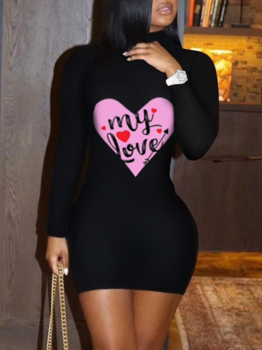 

Lovely Sweet Heart-shaped Letter Print Black Mini Dress