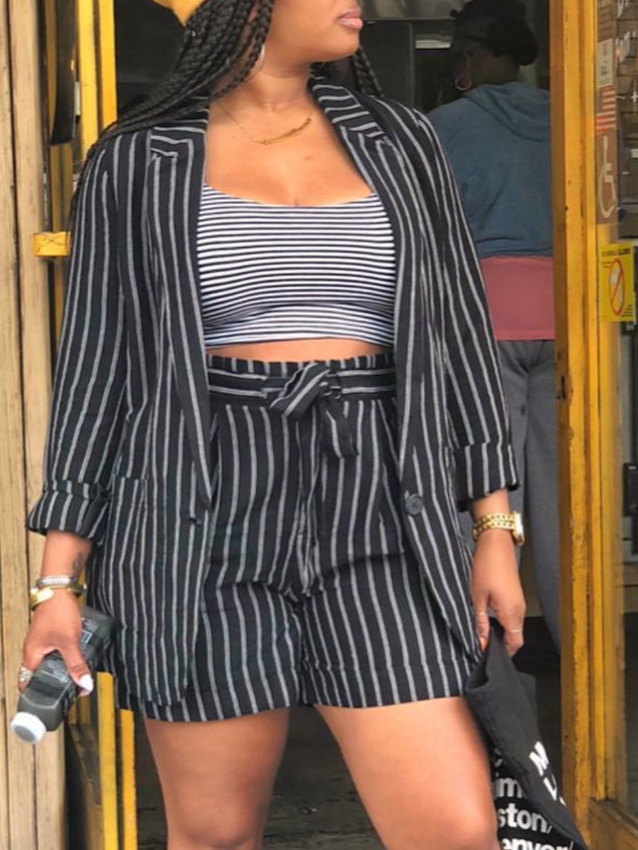 

LW Work Bandage Design Striped Black Two Piece Shorts Set