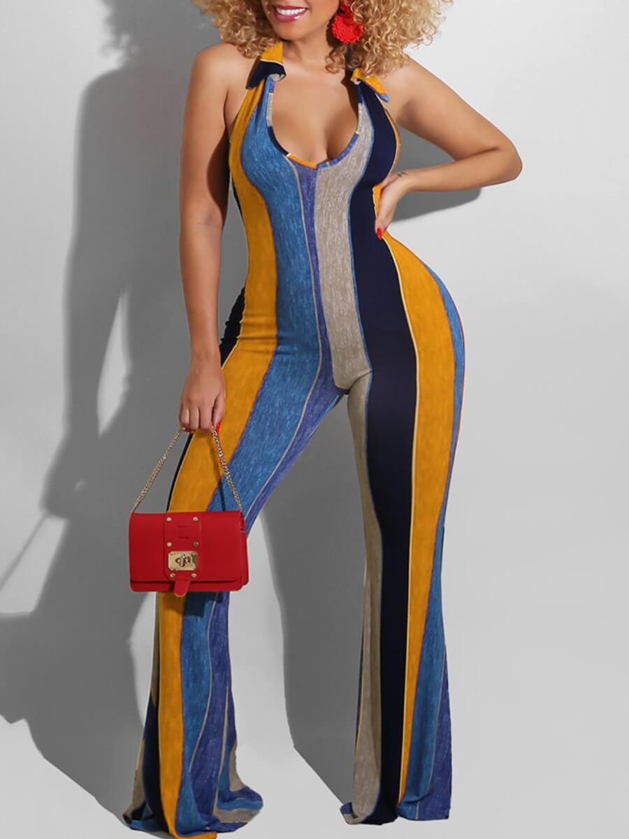 

LW Chic Backless Color-lump Patchwork Yellow One-piece Jumpsuit