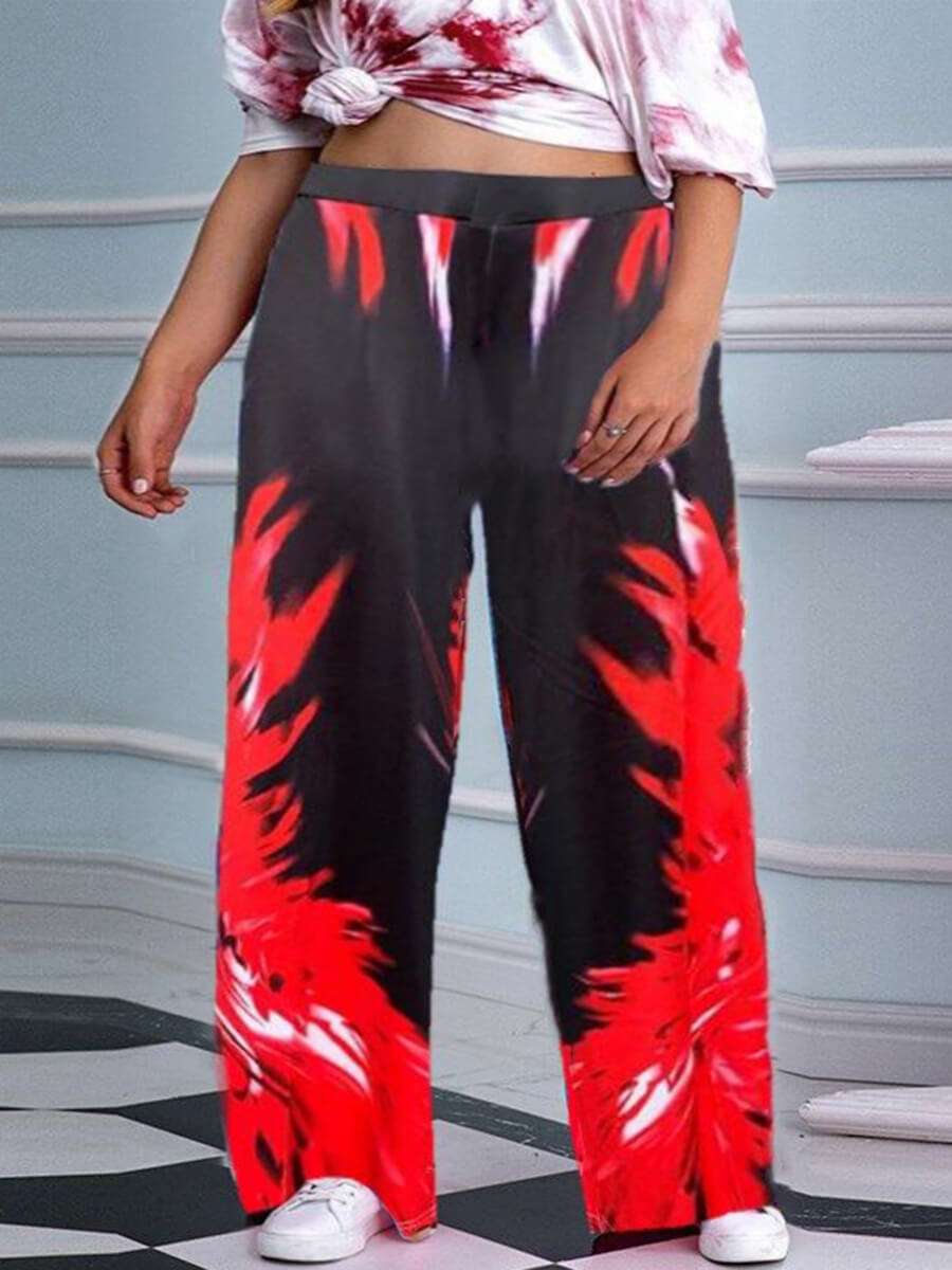 

Lovely Casual High-waisted Graffiti Print Loose Red Plus Size Pants