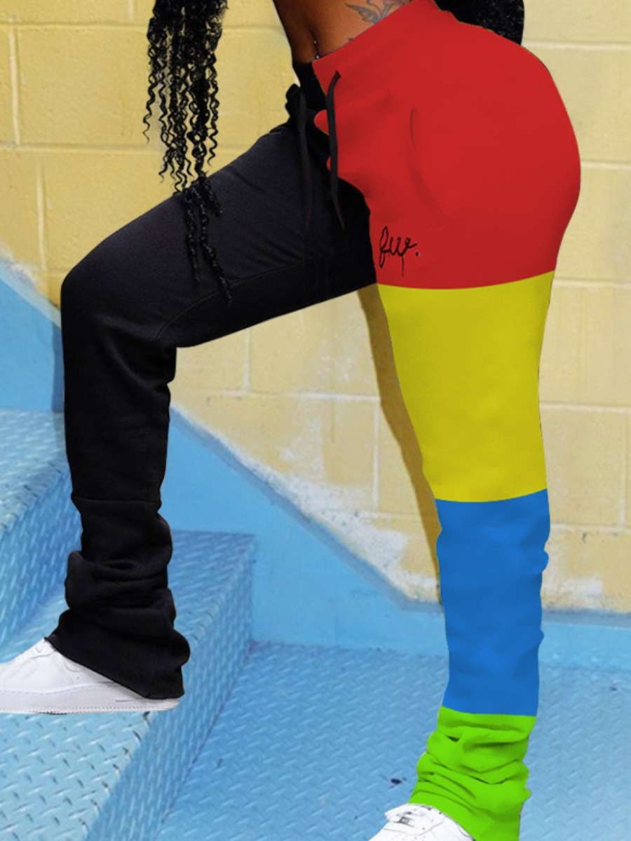 

Lovely Plus Size Sportswear Color-lump Patchwork Drawstring Multicolor Pants, Multi