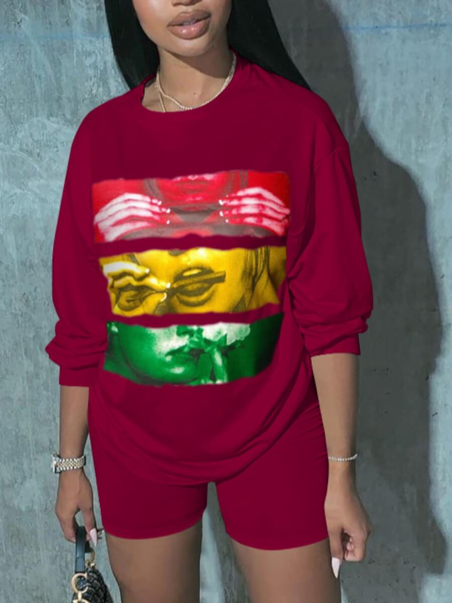 

Lovely Casual O Neck Graffiti Print Red Two Piece Shorts Set