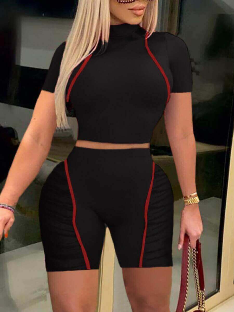

Lovely Plus Size Casual Turtleneck Patchwork Black Two-piece Shorts Set