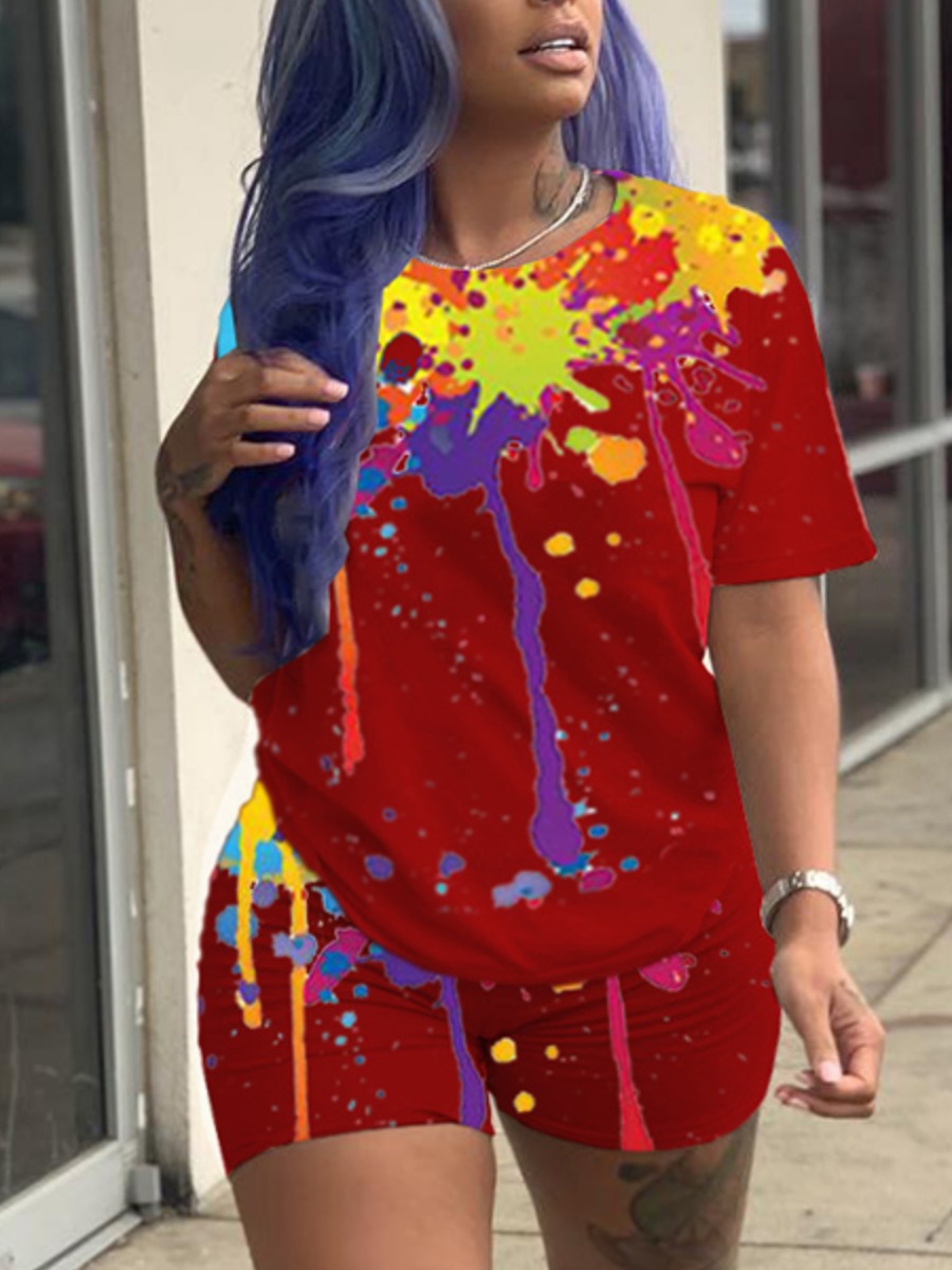 

Lovely Plus Size Casual O Neck Splash Ink Print Red Two-piece Shorts Set