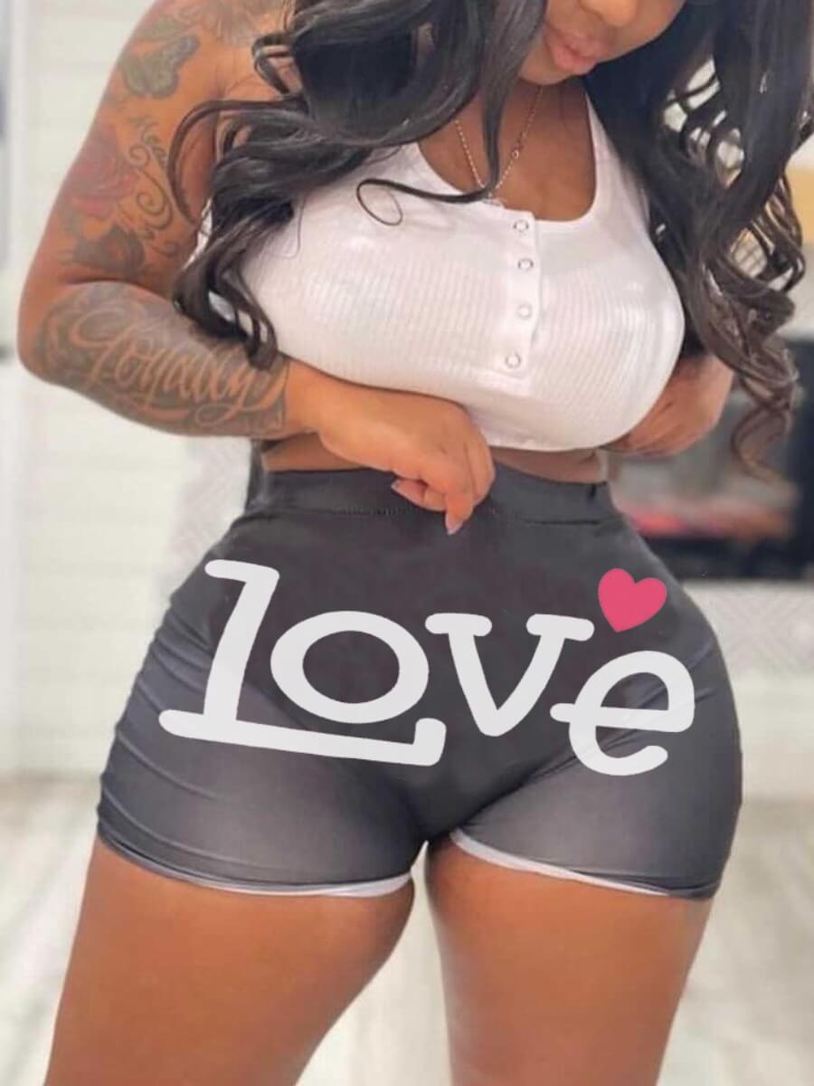 

Lovely Chic Letter Print Button Design Black Two Piece Shorts Set